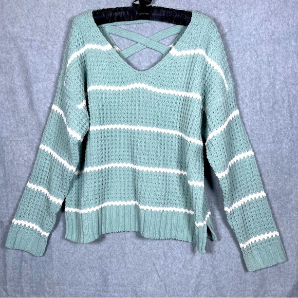 Moral Fiber NWT Chenille V-neck Chunky Knit Cross Back Green Striped Sweater - Picture 1 of 9